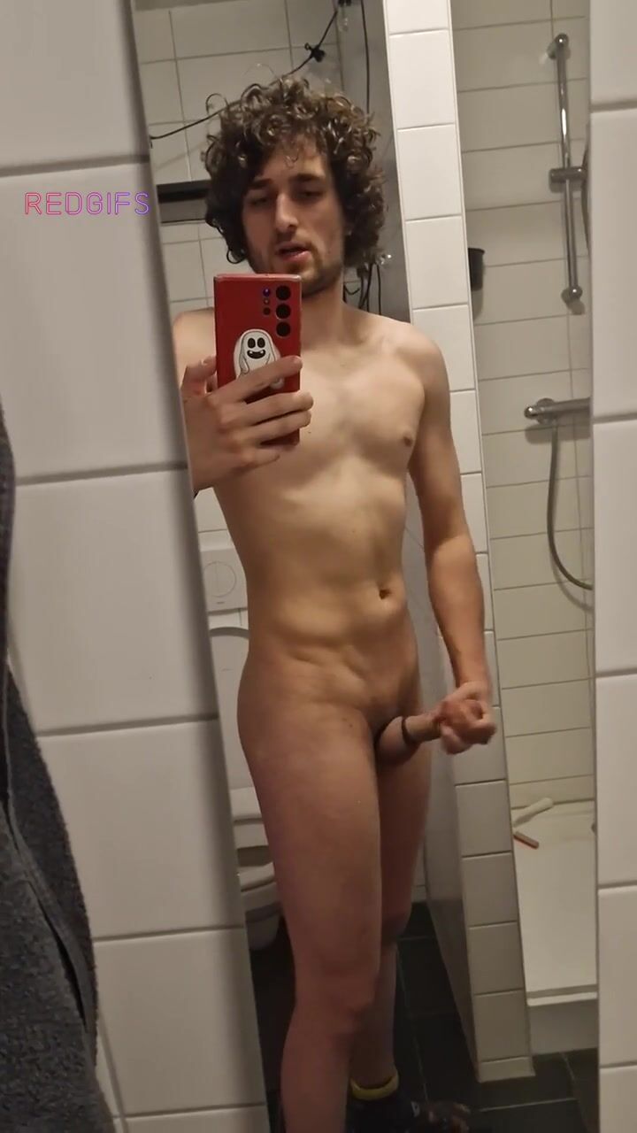 20yo mark strokes uncut cock in mirror