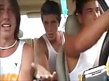 3 hot guys goofing off in the car
