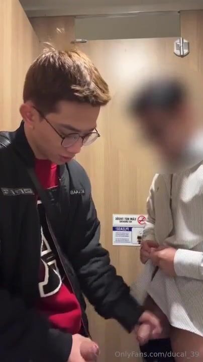 Public restroom twink sucks daddy's muscle cock