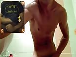 Muscular boy jerks off in bathroom
