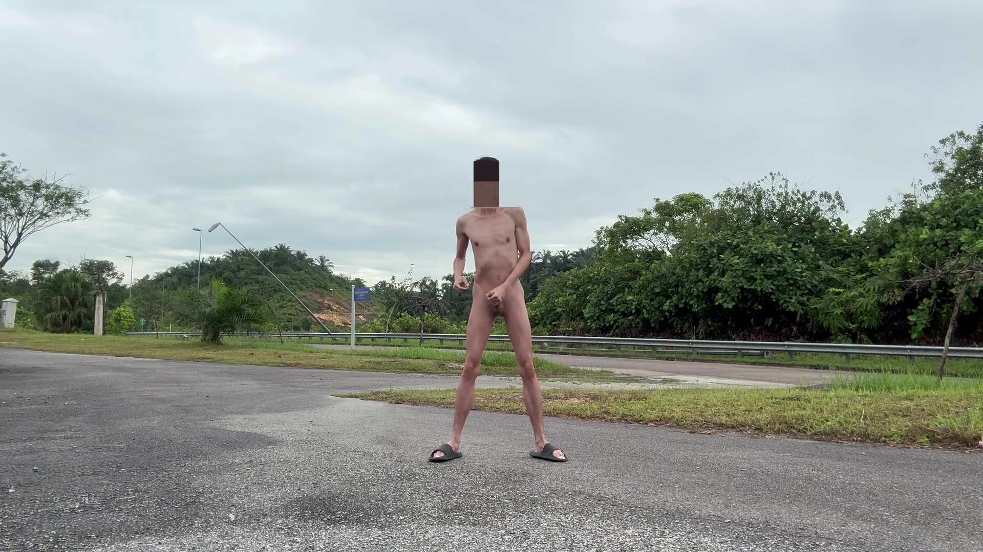Naked guy jerks off in public