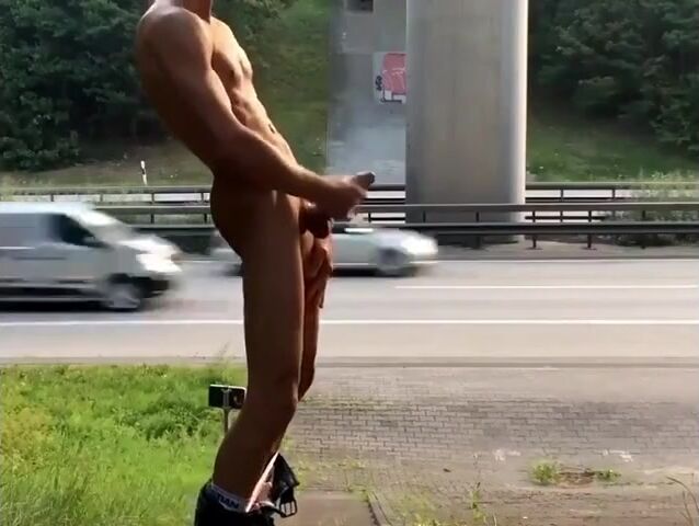 Big dick highway jerk off by exhibitionist