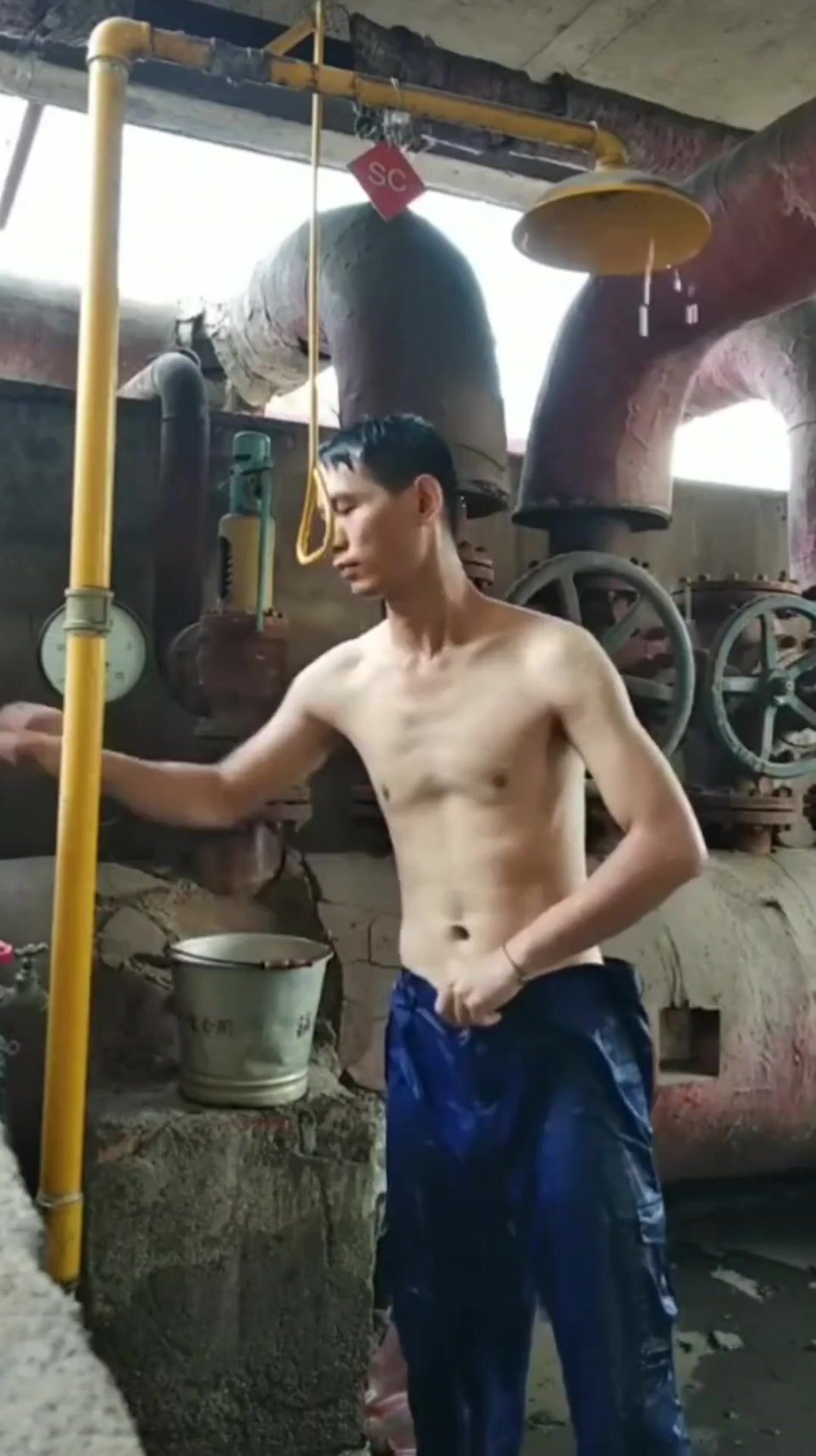 Asian young man takes security shower at work boys porn