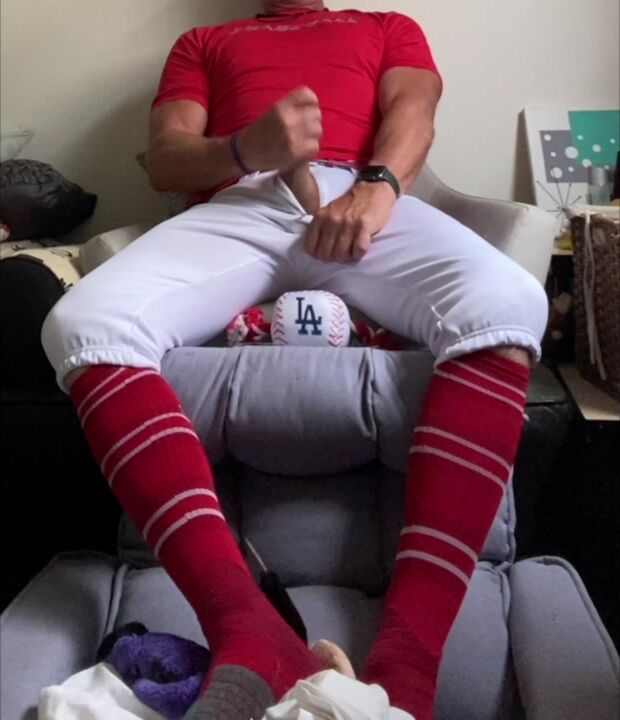 Baseball jockdaddy shoots load red gear
