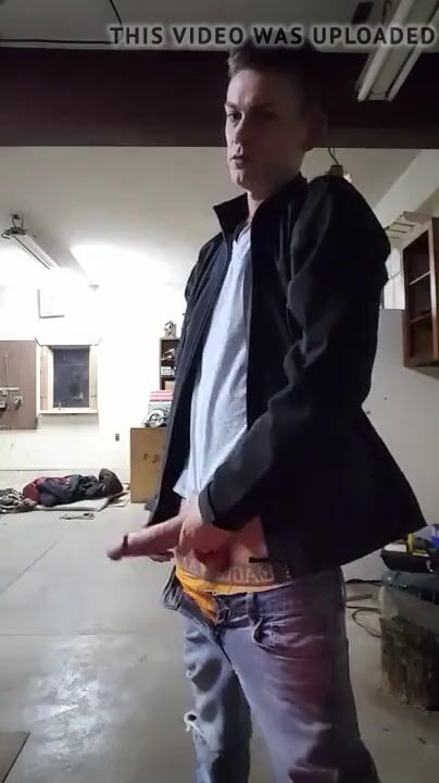 Big dick twink wanks in garage eats his cum