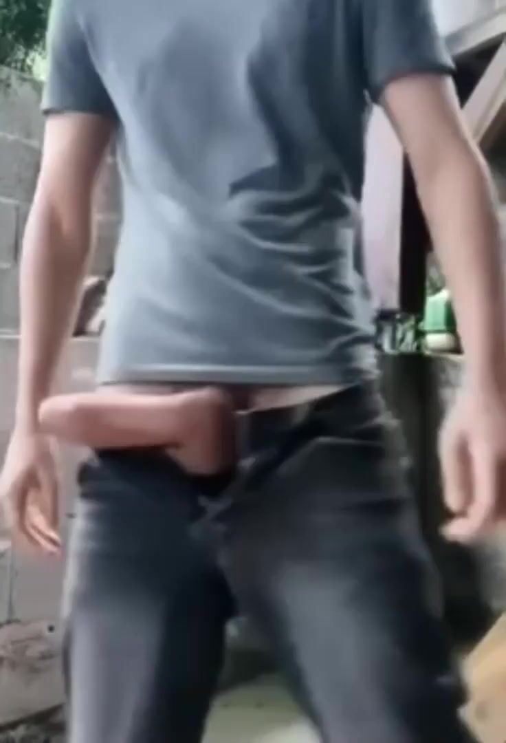 Twink jerks big cock outside