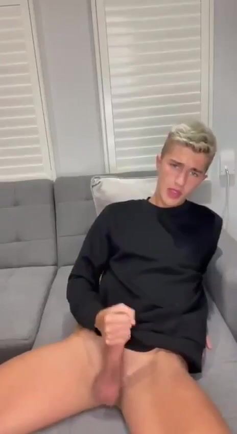 Amateur solo blond twink cums on black shirt gay