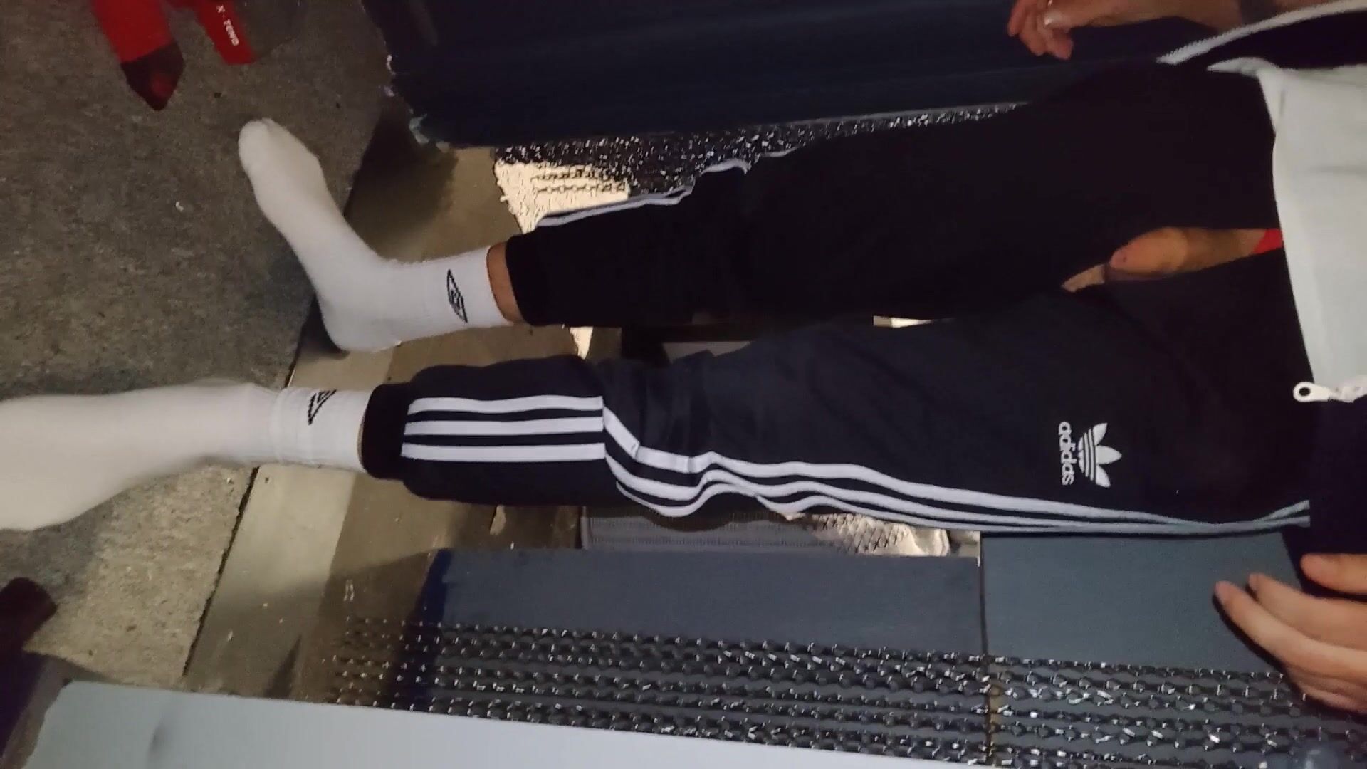Boy flaunts soft cock in trackies and white socks
