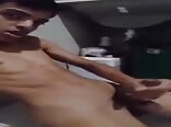 Brazilian teen twink strokes big uncut cock and cums