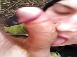 Deep woods cock sucking: hungry boy drains daddy's balls