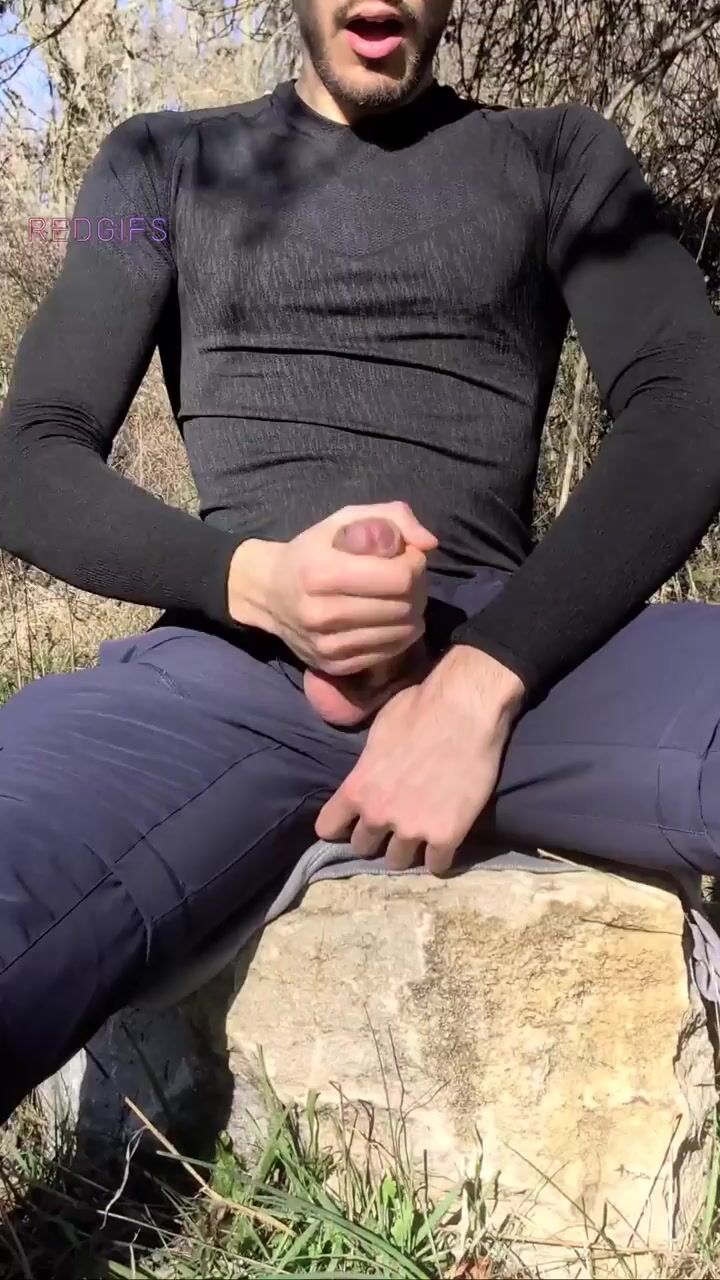 Outdoor jerk and cum on rock