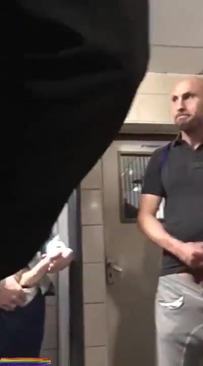 Gay men cruising for raw action in public restroom