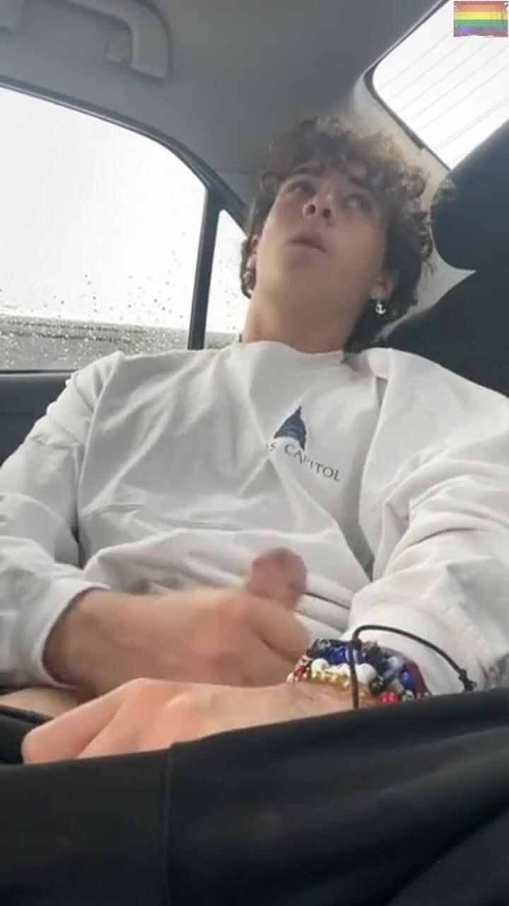 Curly twink cums hard in car