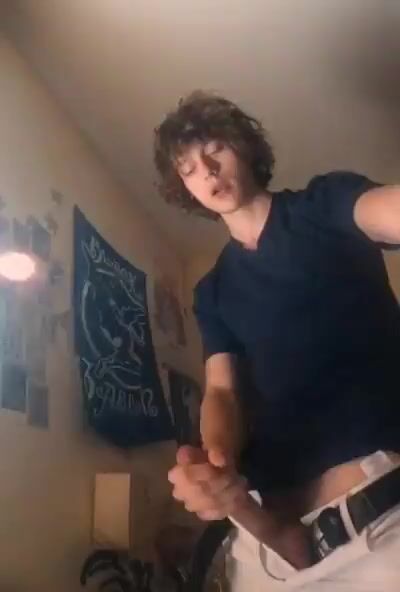 Curly hair twink jerks and cums 240