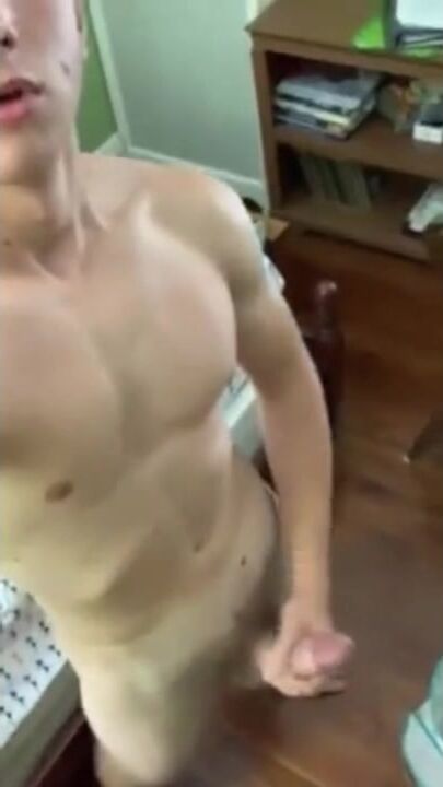 Fit blonde twink strokes his hard cock 2