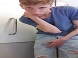 Cute, blond, teen boy porn jerks in public