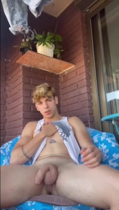 Cute backyard blonde jerks his cock