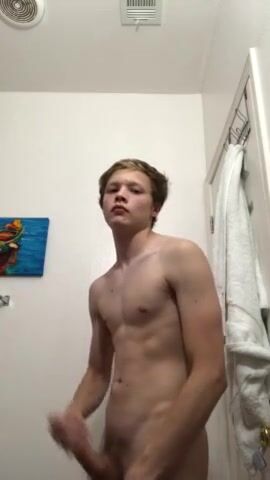 Cute blonde very fat cock jerking off at bathroom
