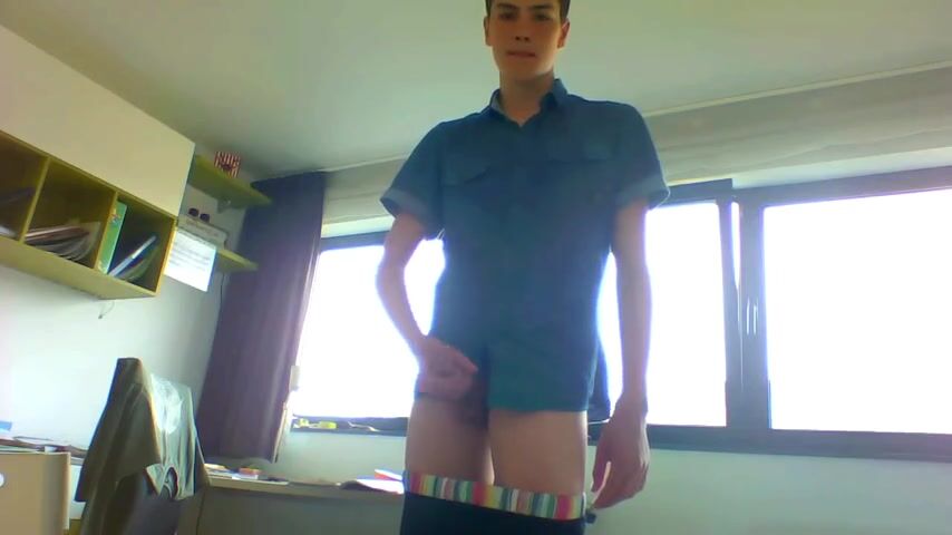Cute blue shirt wanks in his room