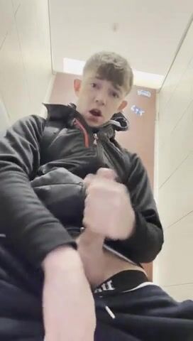 British twink wanks cock in school bathroom