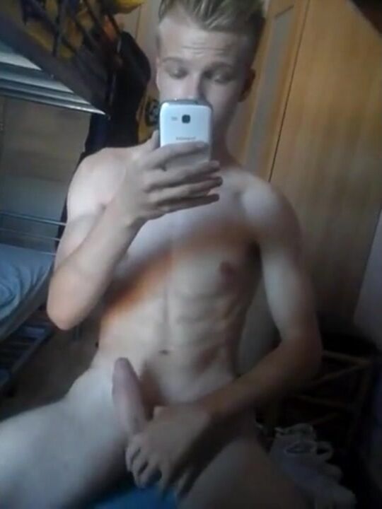 Fit military blonde jerks off in front of mirror
