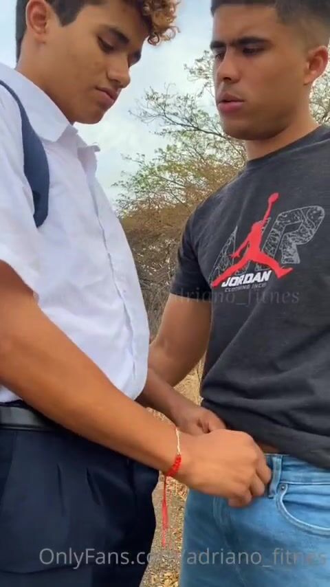 Latino twink strokes cock outside