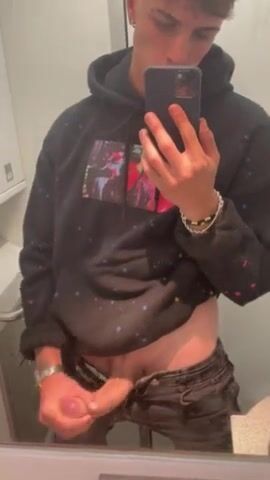 Cute str8 travel guy jerks in bathroom