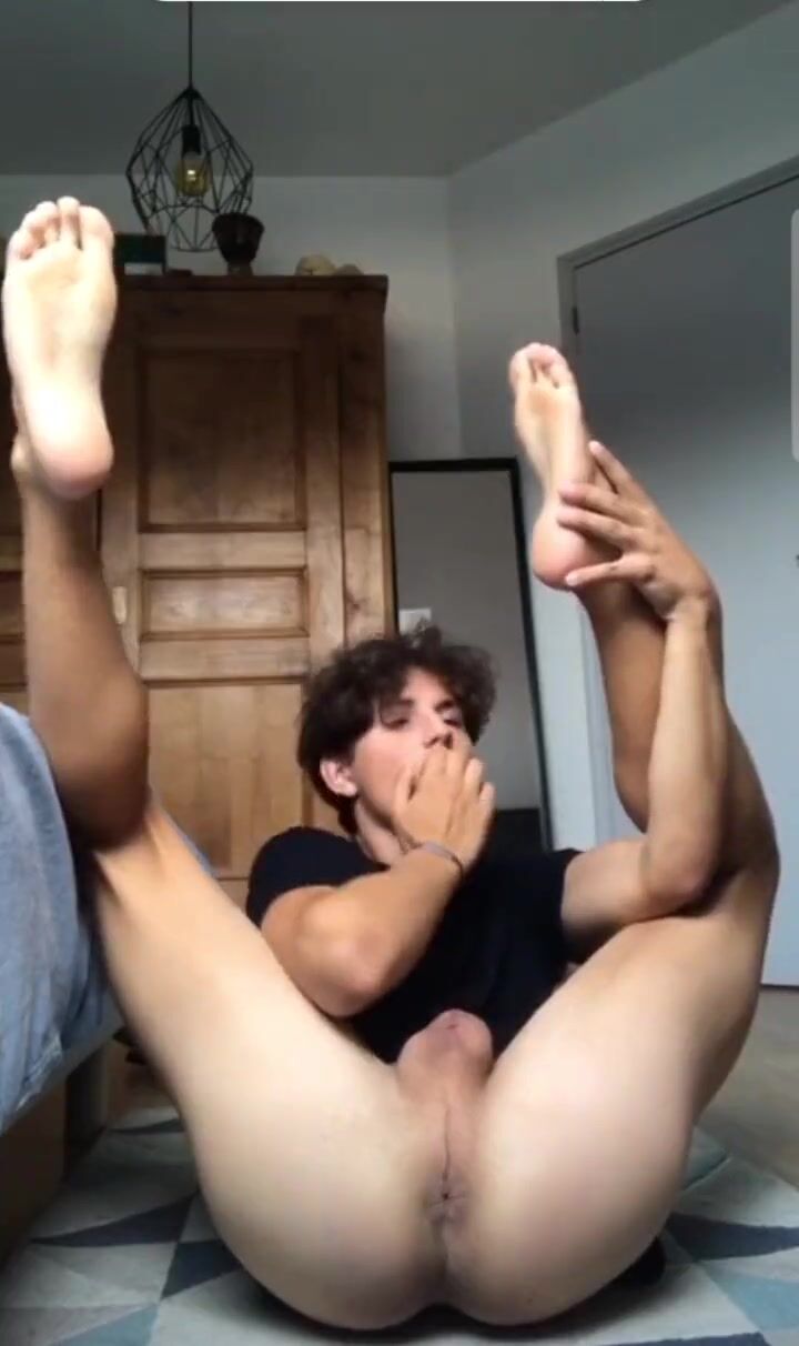 Finn rubs spit to his smooth hole pucker