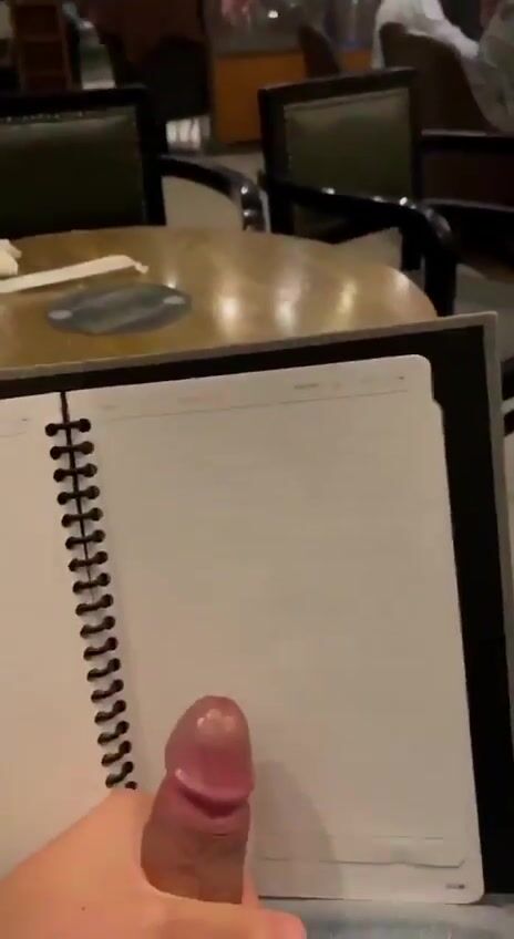 Flash cock, cum in restaurant with guest