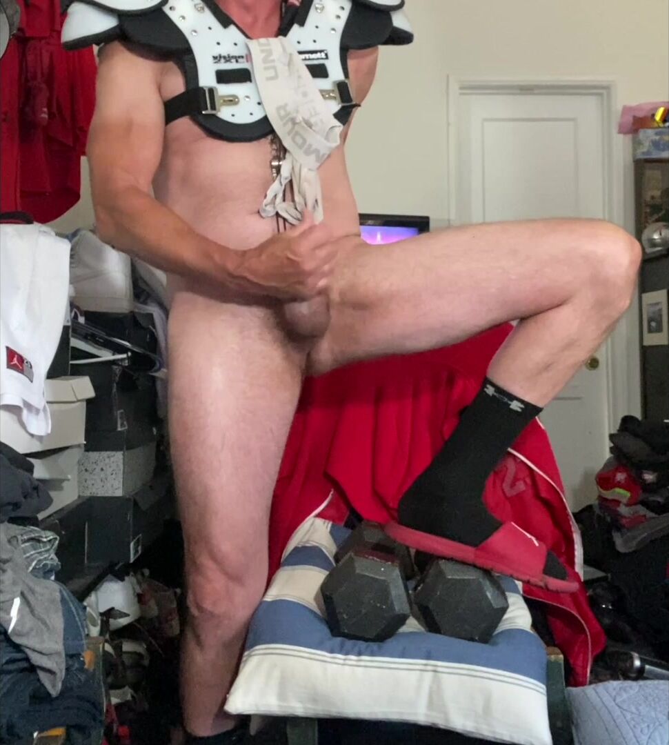 Football jock dad shoots load in pads and jockstrap