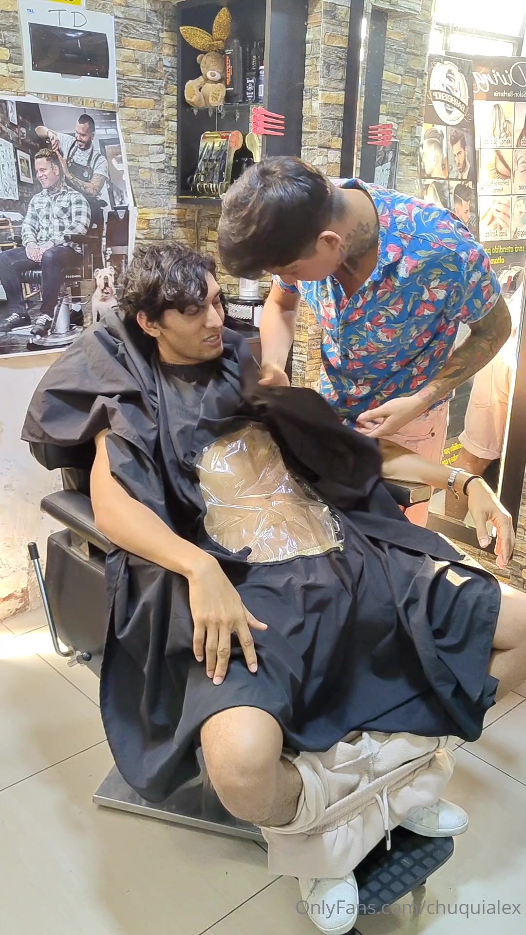 Barber shop bareback twink daddy muscle cock