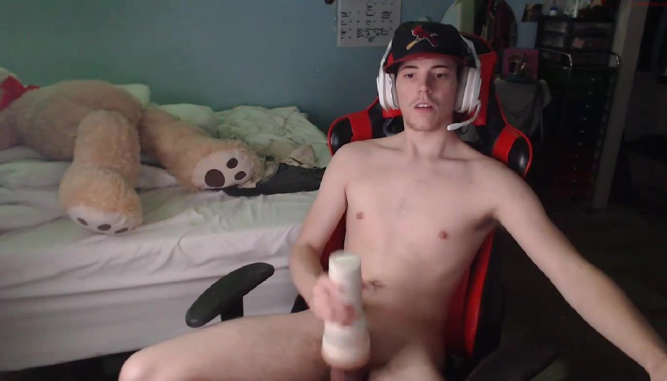 Hot gamer dude strokes fleshlight and cums