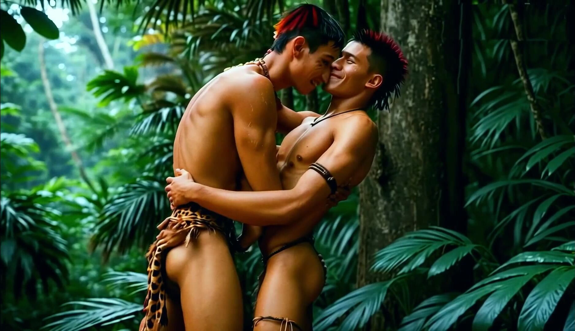 Gay jungle love: twink rides muscle daddy bareback