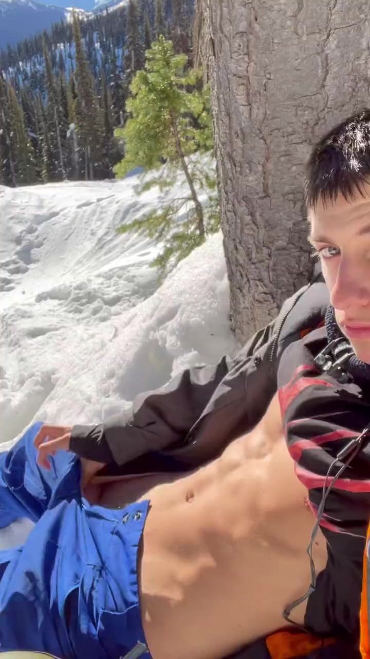 Gay skier shoots cum outdoors