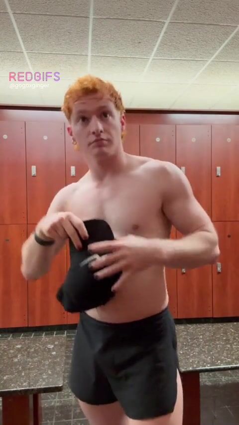 Ginger jock strips bare in locker room