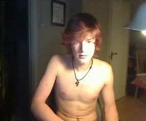 Ginger shows off hairy cock and balls, jerks off and cums on cam