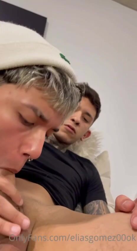 Twink sucks muscle friend's cock