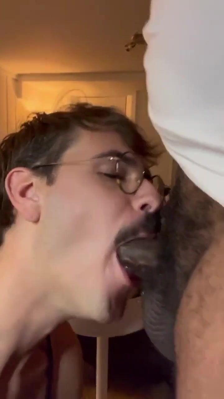 Glasses twink deepthroats uncut black daddy cock