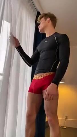 Blond twink strokes muscle daddy cock
