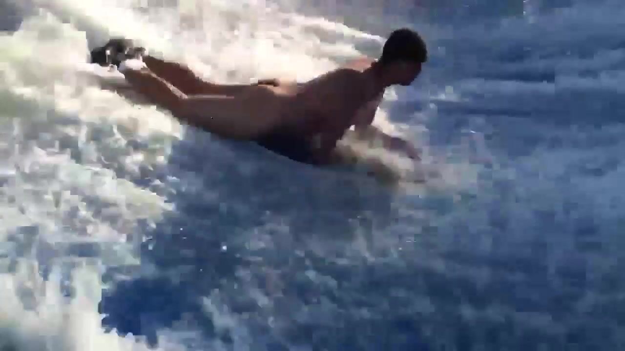 Twink loses trunks in wave pool, daddy’s raw cock barebacks him