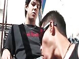 Outdoor cock sucking: handsome guy and man swap blowjobs