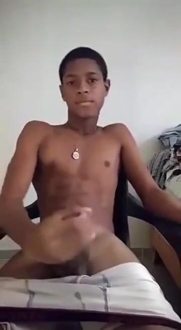 Smooth black twink wanks, cums & tastes himself