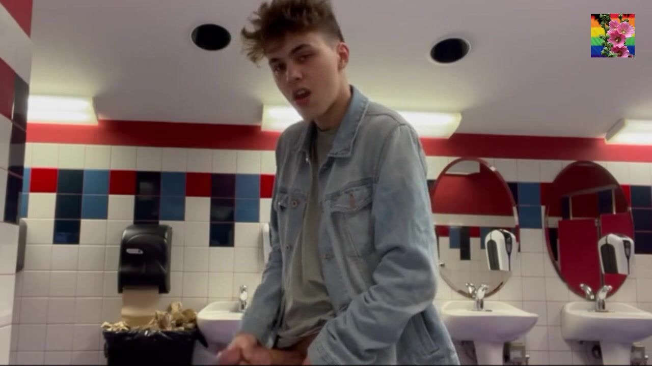 Public toilet cumshot - twink jerks off hard
