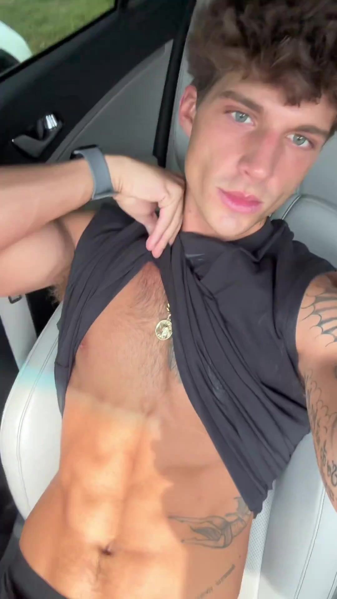 Jock jerks hard cock in car