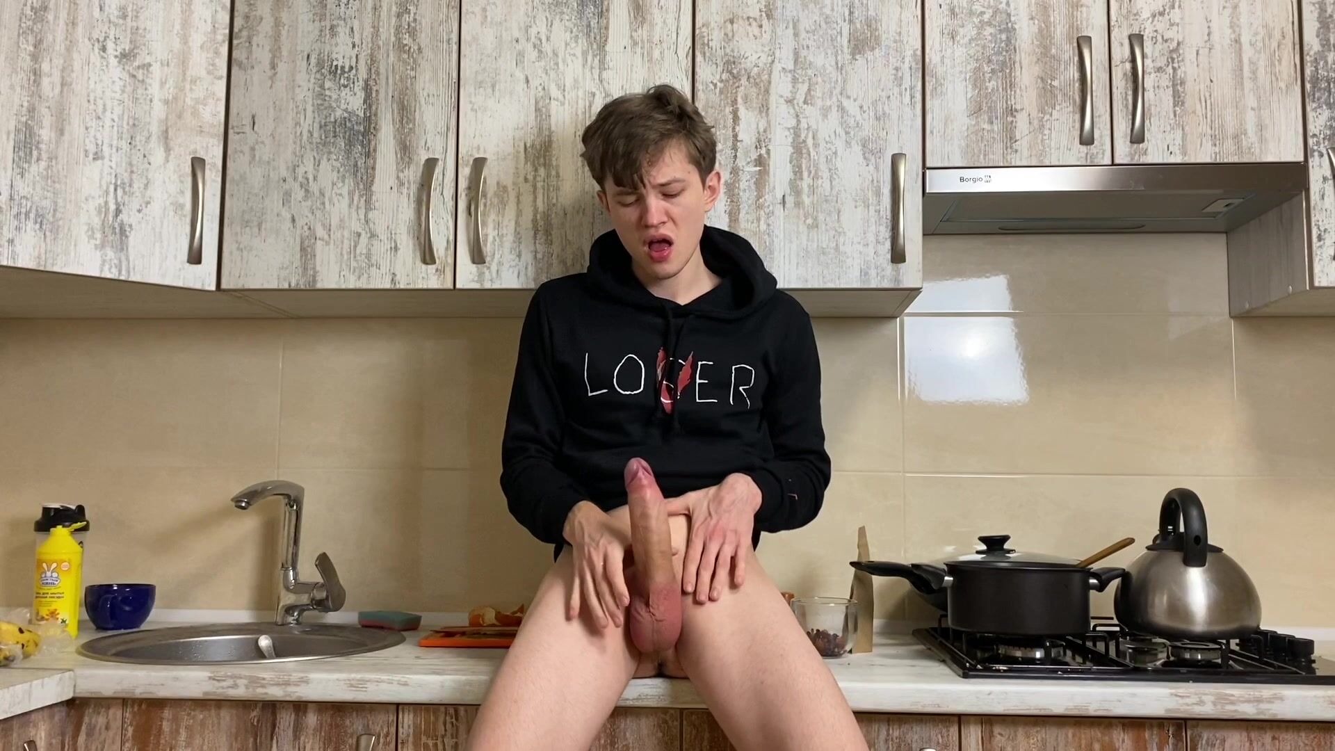 Huge cock student jerks off hard in kitchen