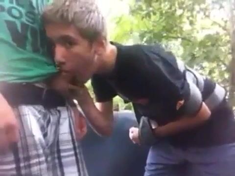 Teen sucks friend's cock and gets bareback fucked in public