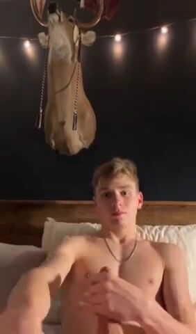 Hot big cock blonde guy wanking big cock in bed