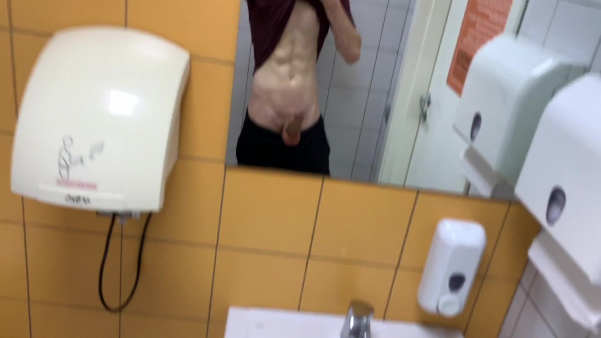 Risky gym toilet jerk off: hot boy almost caught