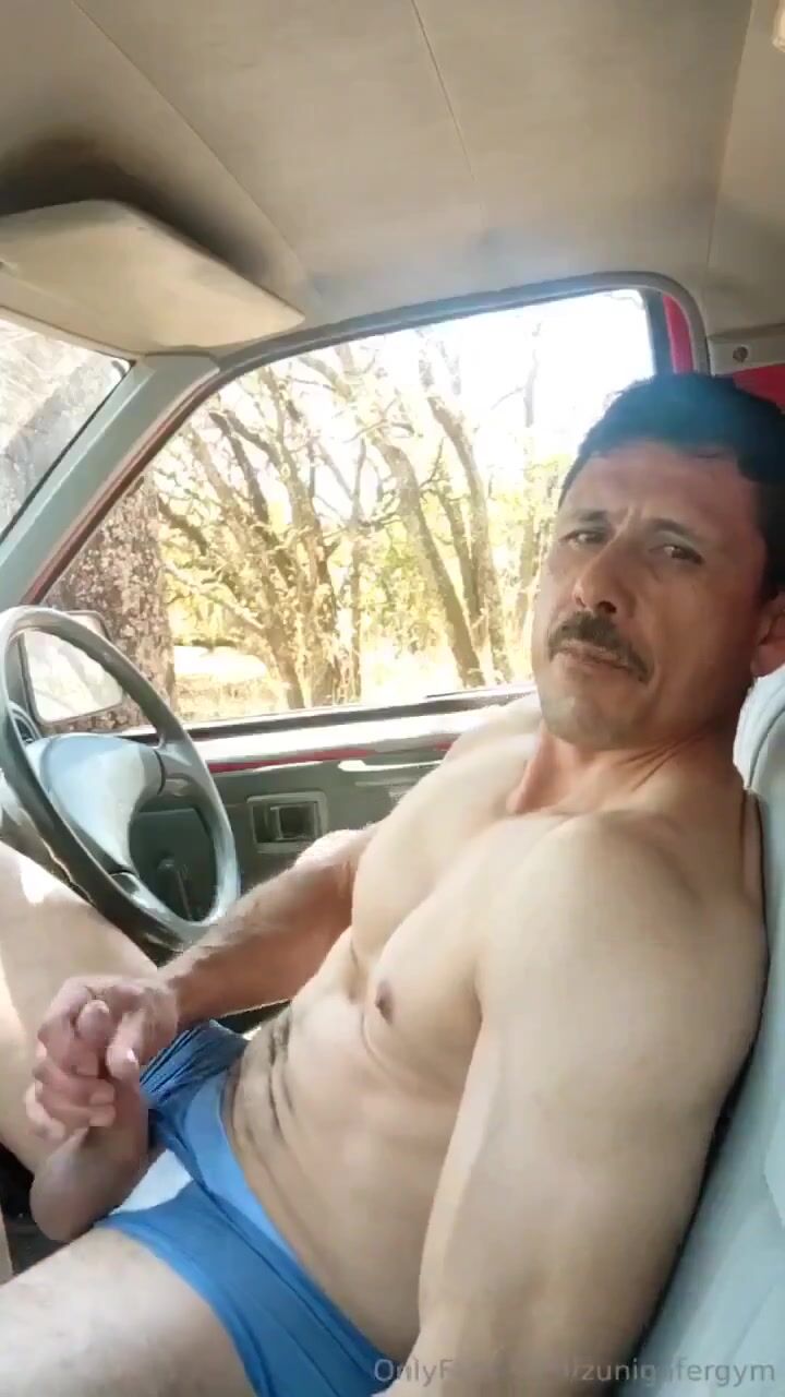 Hot muscle latino dad jerk off in his car