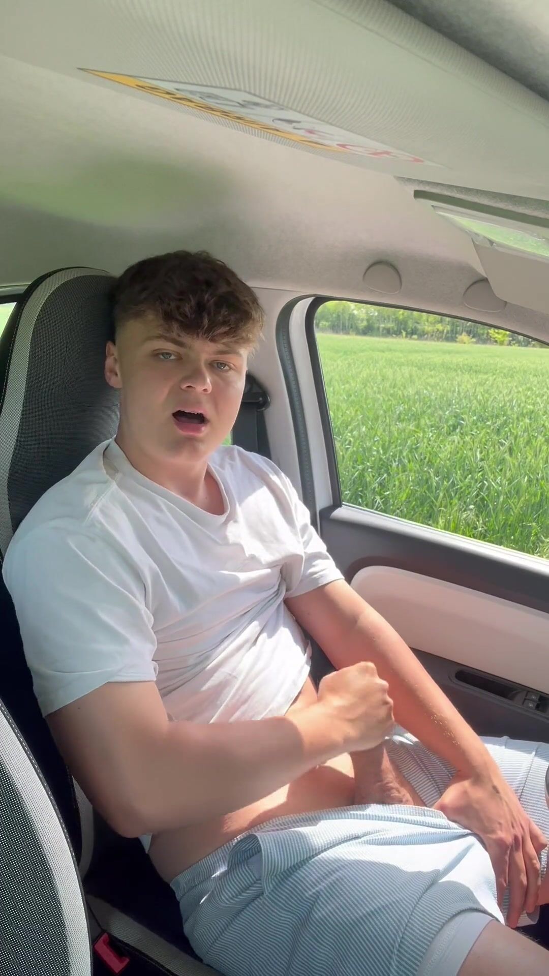 Sexy teen strokes big cock in car